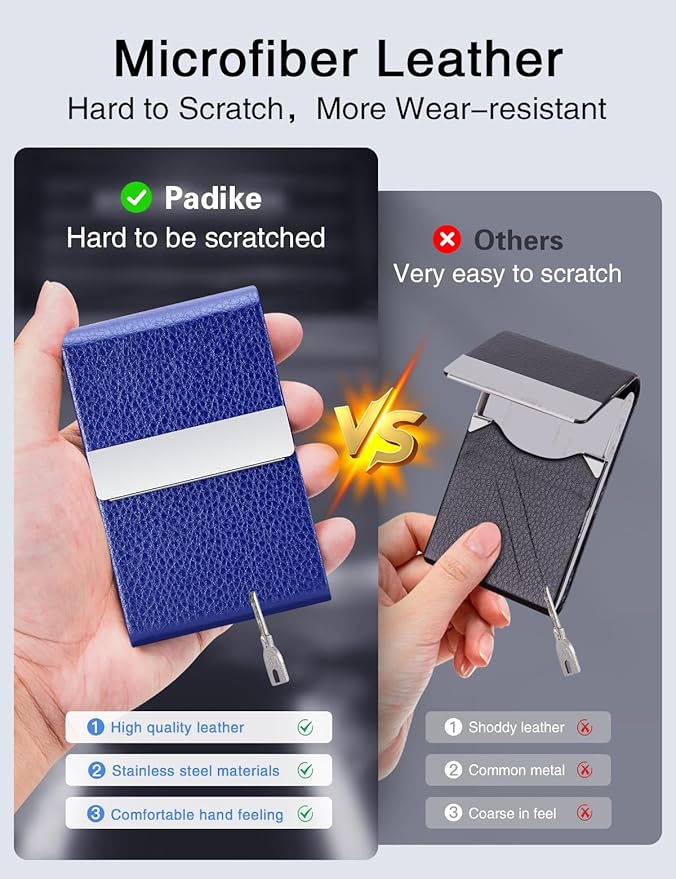Padike Professional Business Card Holder PU Leather Business Card Case Name Card Holder Slim Metal Pocket Card Holder with Magnetic Shut (Blue)