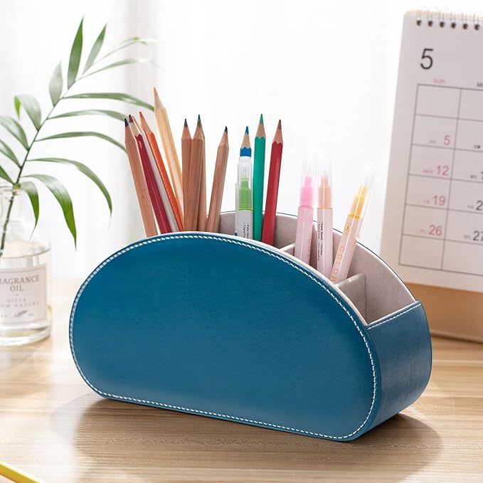Remote Control Holders Organizer Box with 5 Compartment PU Leather Multi-functional Office Desk Storage Caddy Store Tv Remote for Media Player,Brush,Pencil,Glassees&Office Supplies (Peacock Blue)