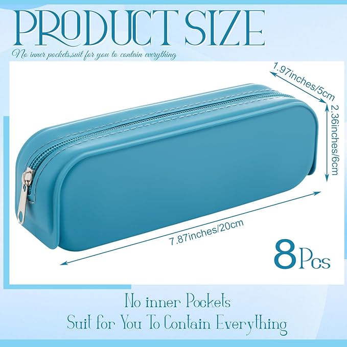 Feifeiya 8 Pcs Silicone Pencil Case Pen Zipper Pouch Bags Aesthetic Back to School Gifts Stationery Travel Toiletry Makeup Coin Organizer Waterproof Valentines Galentines Party Favors (Blue)