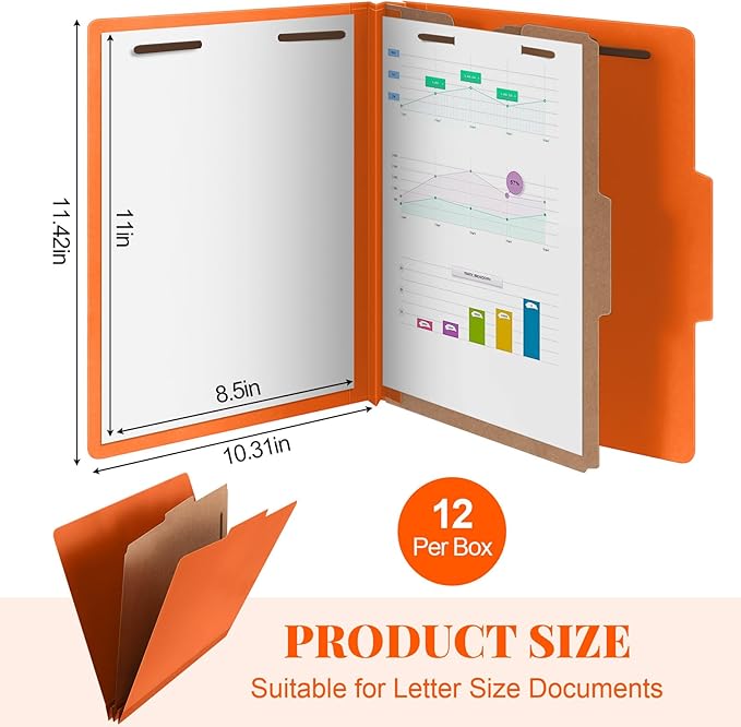 Skyygemm 12 Pcs Classification Folders Letter Size, 1 Divider Pressboard File Folder with Fasteners, Expanding File Organizer Bulk for School Teachers, Office Employee, Coworker, Staff (Orange)
