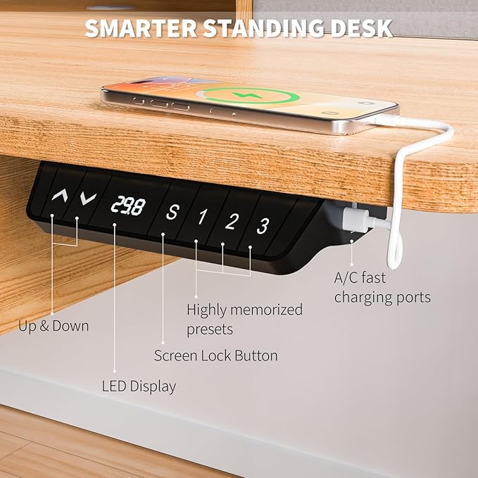 ExaDesk 55 * 30 Inches Electric Standing Widened Desk Adjustable Height with 4 Drawers, Double Storage Shelves, Home Office Workstation Sit Stand up Desk (Nature)