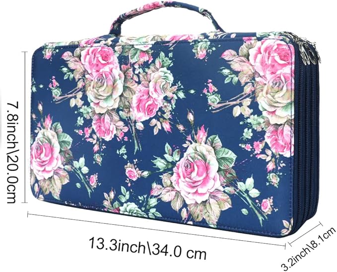 Vomgomfom Large Capacity Pencil Holder - Zipper Closure Twill Fabric Case for 300 Colored Pencils or 200 Gel Pens, Artist Organizer (Blue Rose)