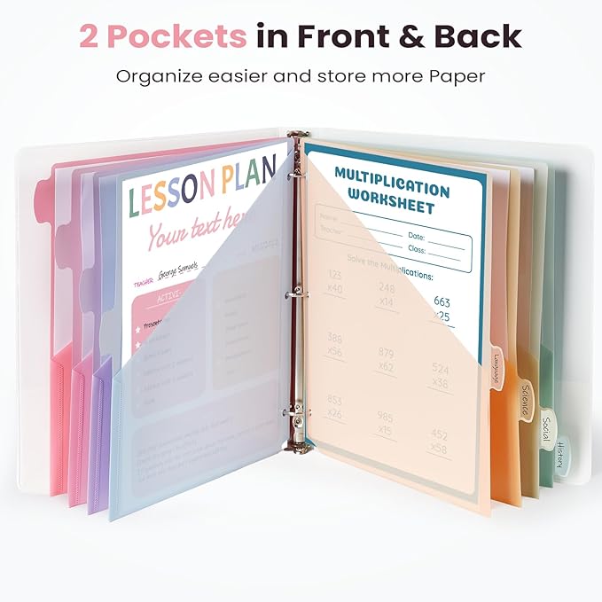 Sooez 24 Count Dividers with 2 Pockets, 8 Tabs Binder Dividers for 3 Ring Binders, Binder Dividers with tabs, Binder Divider with Pockets for US Letter Size, Insertable Big Tabs, Pastels, Set of 3