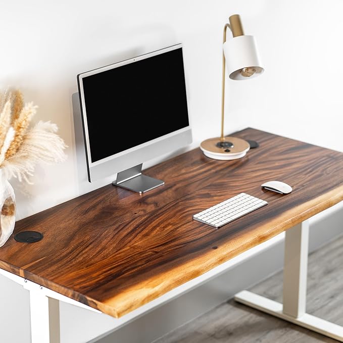 Standing Desk – Walnut Solid Wood Desk, Natural Live Edge, Adjustable Height Dual Motor, Sit Stand for Home Office (White, W60 x D27)