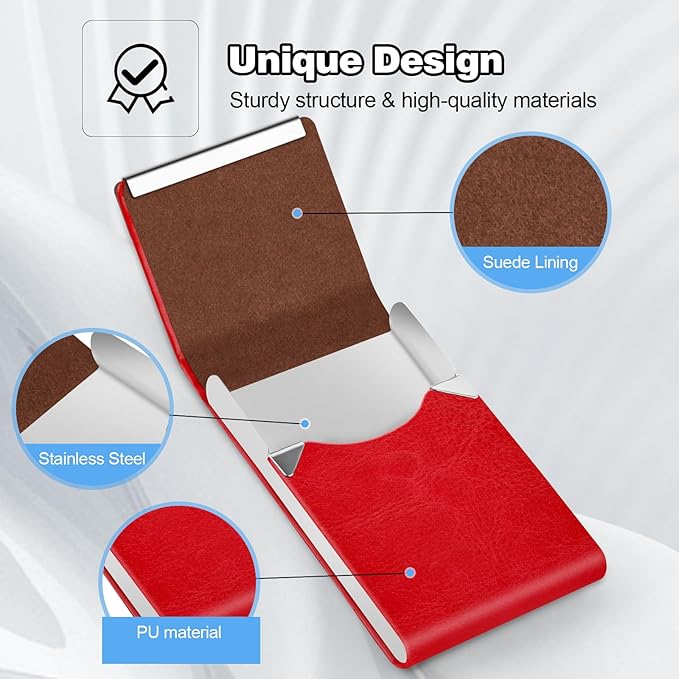Business Card Holder for Women or Men, Business Card Case with PU Leather and Stainless Steel, Slim Metal Case with Magnetic Closure for Business Meeting Use