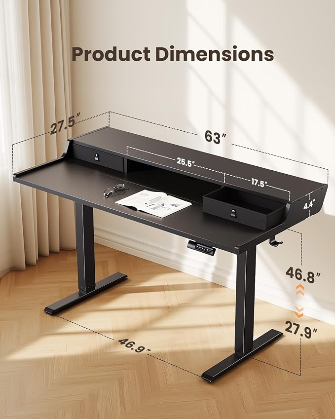 ErGear Electric Standing Desk with Drawers, 63″ x 28″ Gaming Table Compatible Monitor Stand, Stand up Desks, Home Office Height-Adjustable Desk with Storage Shelf, 4 Preset Heights, Black
