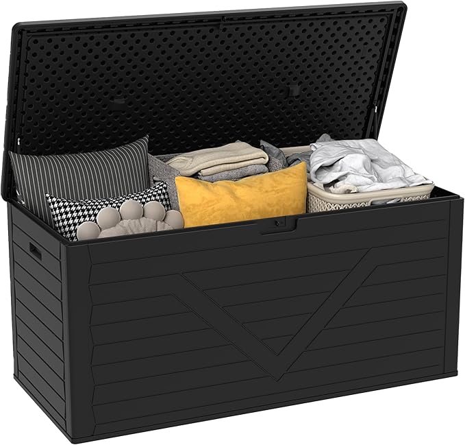 PATIOEASY Outdoor Storage Box 260GAL Waterproof Resin Deck Box,UV-Resistant Lockable Package Delivery Bin for Garden Tools,Large Patio Outside Cushions,Pool Accessories Supplies,Chest,Furniture,Brack