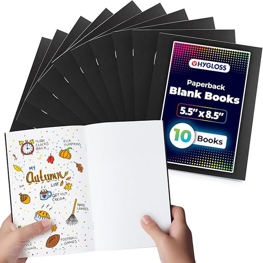 Hygloss Blank Books - Bulk 10 Pack – 5.5" x 8.5" A5 Black Paperback Blank Books for Kids to Write Stories, Doodle, Arts & Crafts – Plain Drawing Sketchbook, Unlined Journal, Notebook Without Lines