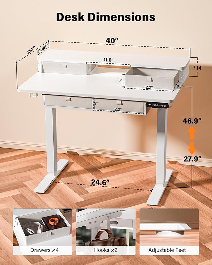 FiCiHi Electric Standing Desk with Four Drawers, Adjustable Height Sit Stand Desk, C-Clamp Compatible Home Office Desk with Storage Shelf & Monitor Stand Riser, 40 x 24 Inch, White
