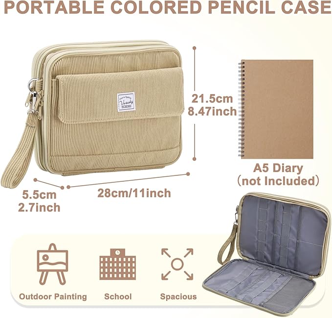 VASCHY Colored Pencil Case, Corduroy Large Pencil Pouch for Art Pens Markers Gel Pens Big Holder Organizer Fits 192 Pencils for Girls Women Camel