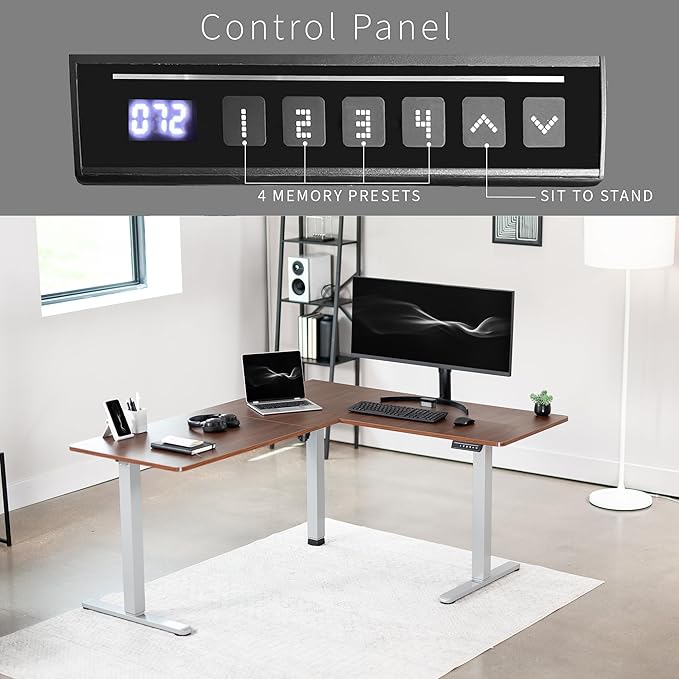 VIVO Electric Corner 63 x 55 inch L-Shaped Standing Desk, Memory Height Adjustment, Dark Walnut Top Gray Frame, DESK-E3CTGD
