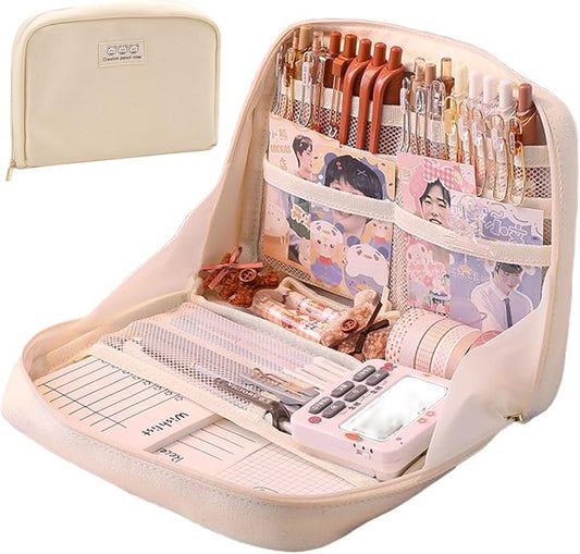 Fcteap Pencil Case Pouch Box Cute Kawaii Large Capacity Aesthetic Zipper Pen Holder Organizer Bag for Office Workspace Supplies Desk Accessories Travel (Off-White)