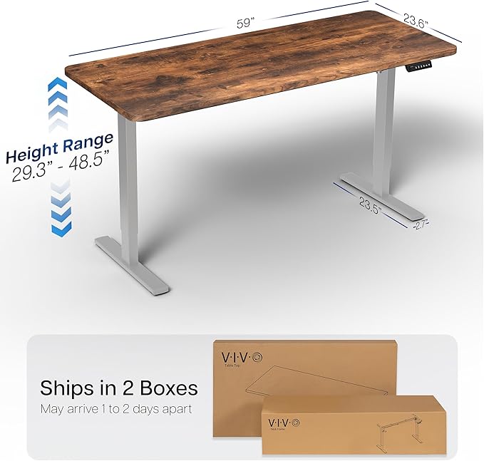 VIVO Electric 60 x 24 in Rustic Standing Desk, Memory Height Adjustment, 1B Series, Holds 220 lbs, One-Piece Vintage Brown Top, Gray Frame, DESK-KIT-1G6N