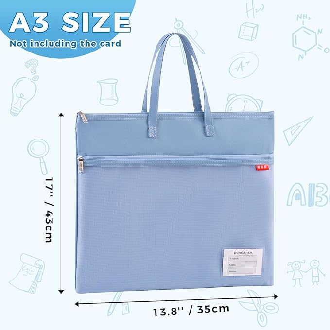 Pendancy Mesh Zipper Pouch A3 Size, Large Double Pocket Waterproof File Bag with Handle, 13x17 in Foldable Document Storage for Puzzle Project/Cross Stitch/Travel/Office（Advanced Blue）