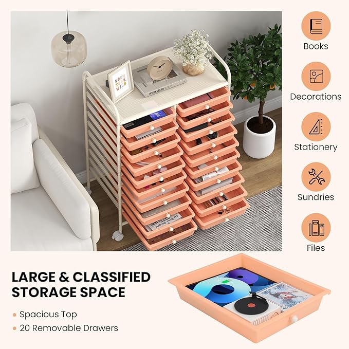 Happygrill 20-Drawer Organizer Cart Tools, Mobile Utility Storage Cart with Removable Drawers & Lockable Wheels, Rolling Storage Cart with wheels for Home Office School (Peach Fuzz)