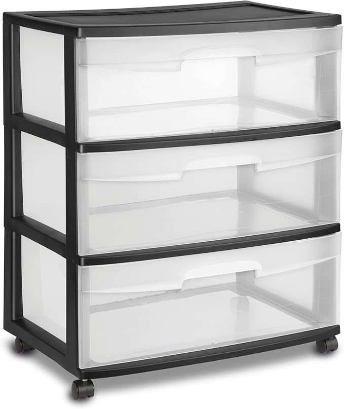 3-Drawer Wide Rolling Storage Cart with Clear Drawers and Wheels, Durable Plastic Storage Organizer for Bedroom, Closet, Dorm and Home Office.