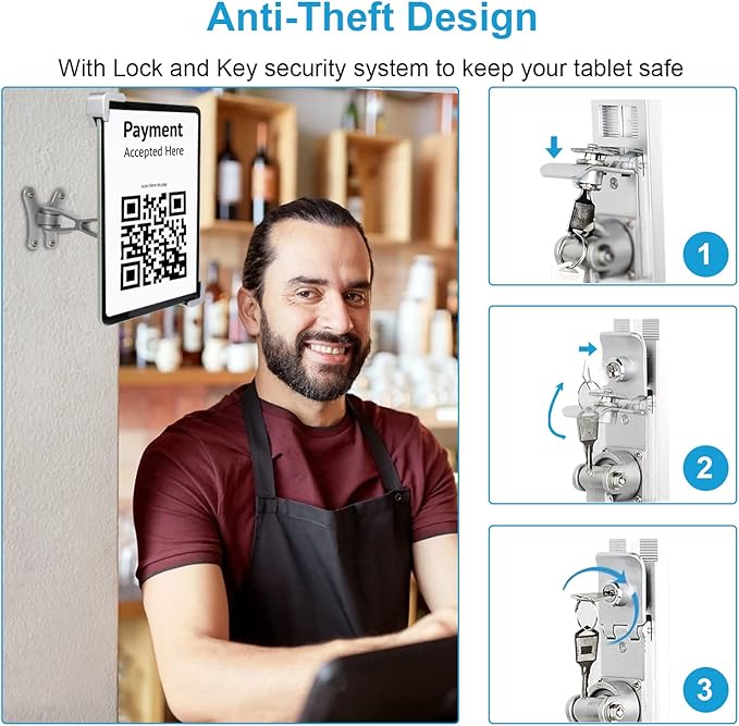 YOOZ Anti Theft Wall Mount for Tablet, Kiosk Counter Retail Security Stand, Adjustable Aluminum Arm - Wall Holder with Lock & Key Fit iPad Pro 13 11, Air, Galaxy Tabs, Surface Pro, 9-14" Tablets