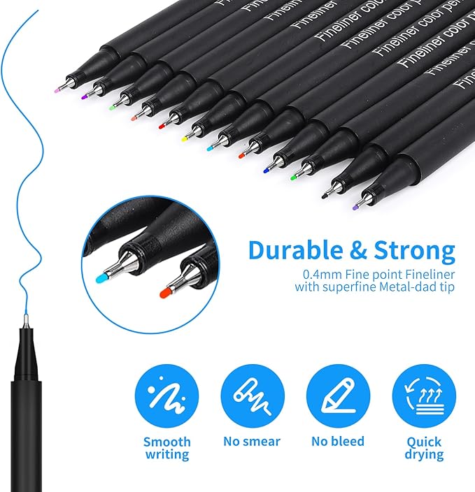 huesamhi Colored Pens for Journaling, Planning Bullet Journals Fineliner Felt Tip Fine Point Marker Pens 12 Vibrant Colors - Premium Writing planner accessories