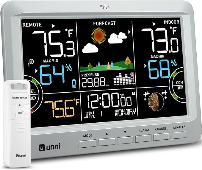 Weather Station Indoor Outdoor Thermometer Wireless, Home Atomic Clock with Large Constant Display, Inside Outside Temperature Humidity Monitor, Dew Heat Point, Barometer Grey