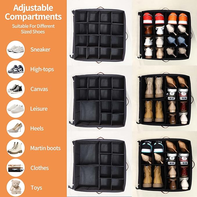 INSTY 2 Pack Shoe Organizer for Closet, Fits up to 32 Pairs, Adjustable Dividers for Shoe Storage, Space-Saving Shoe Bins and Clear Top, Black