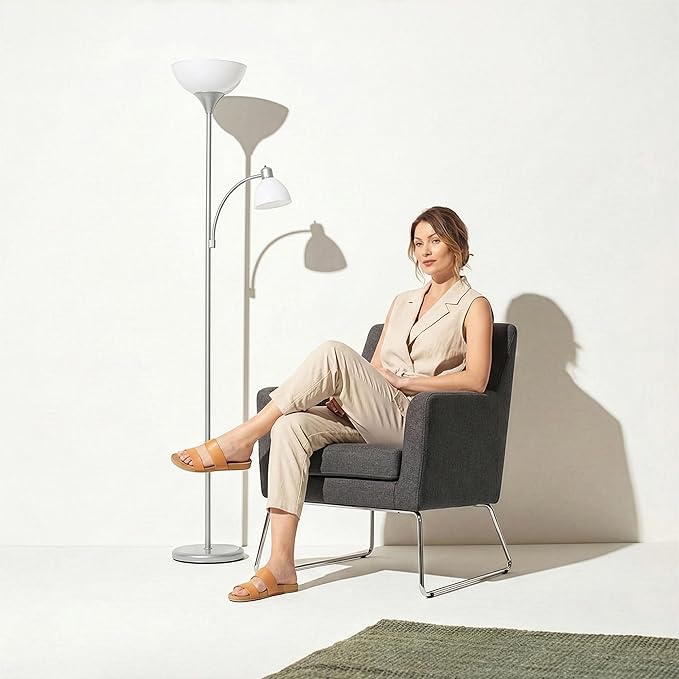 Brightech Sky Dome Plus LED Floor lamp, Torchiere Super Bright Floor Lamp with Reading Lamp for Living Rooms & Offices - Dimmable Tall Standing Lamp for Bedroom Reading - Silver