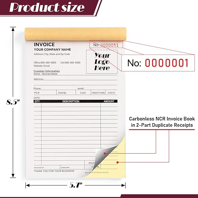 100 Sets Custom 5.7" X 8.5" Invoice Receipt Book, Personalized Duplicate Carbonless Form with Logo/Text, Paper 2-Part/3-Part in Bulk Purchase Orders, Sales Orders, Price Forms (2-Part)