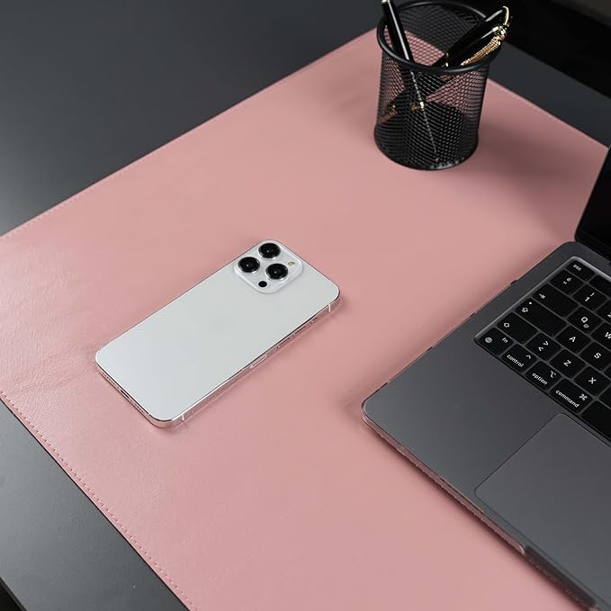 TORONATA Jersey Genuine Calfskin Leather Desk Pad, Office Desk Mat with Non-Slip Bottom, Smooth Surface for Mouse & Keyboard, Desk Protector (14.6x31.5 inches) (Pink)