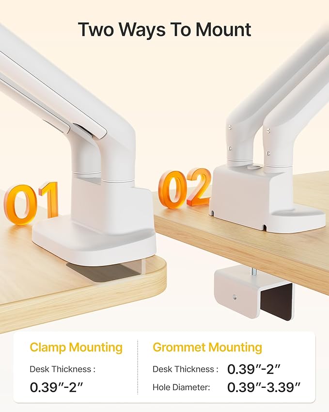 monTEK Dual Monitor Arm, Mechanical Spring Monitor Arm for 17-35" Screens, Adjustable Monitor Desk Mount Each Holds up to 24.2 lbs with C Clamp/Grommet Desk Mount, VESA 75/100mm, MA1011WH-D