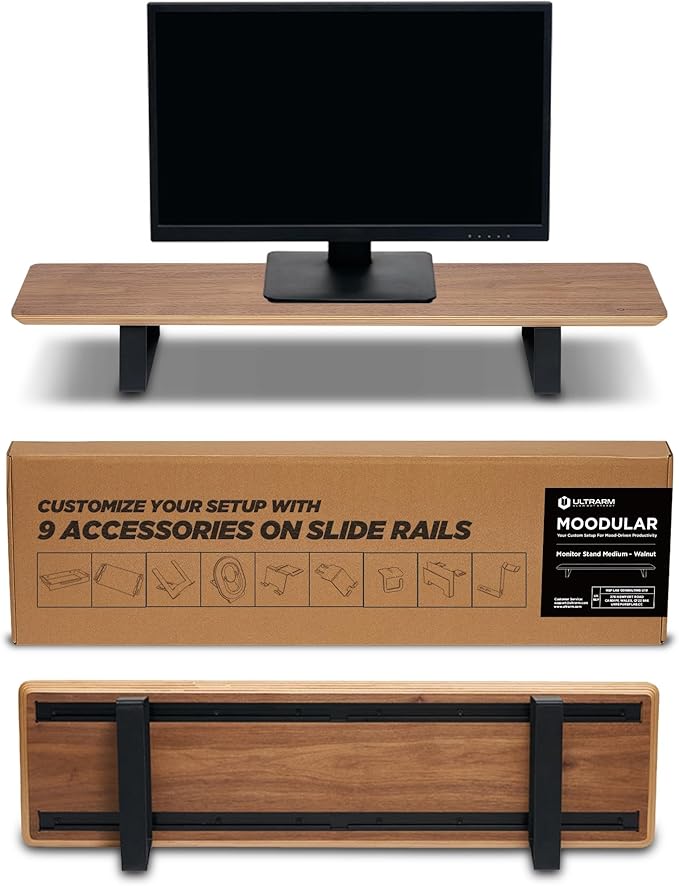 ULTRARM Moodular Wooden Monitor Stand 33.4” (85cm) Desk Organizer with Metal Slide Rails for Drawer, Tray, Laptop, Tablet, Phone & Headphones Customizable Riser for Organized Workspace Walnut MS85-W