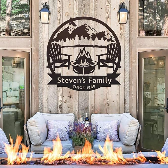 RealSteel Personalized Mountain Campfire Monogram Metal Sign – Custom Family Name Rustic Wall Art for Cabin, Campground, RV & Backyard Fire Pit – Outdoor Camping Décor – Unique Personalized Gift – USA