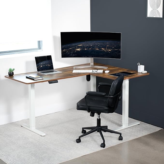 VIVO Electric Corner 63 x 47 inch L-Shaped Standing Desk, Memory Height Adjustment, Rustic Vintage Brown Top White Frame, DESK-E3CTWN-47