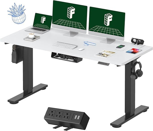 FLEXISPOT EN2 Whole-Piece Standing Desk with Clamp Power Strip, 60 x 24 Electric Stand Up Height Adjustable Desk with Cable Management (Black Frame + 60" White Top, 2 Packages)