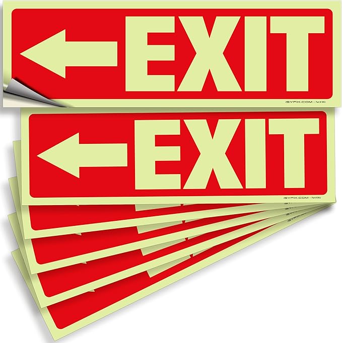 iSYFIX Exit Stickers Signs with Directional Left Arrow 6 Pack 12x4 Inch - Glow in the Dark Photoluminescent Vinyl for Office, School, Business, Warehouse - UV & Weather Resistant for Indoor/Outdoor Use