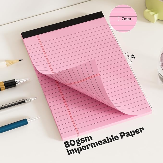 Nichela Legal Pads 5x8 12 Pack Note Pads College Ruled Notepad Pink/Green/Blue Perforated Small Legal Pads 80GSM Notepads 30 Sheets Writing Pads Line Paper Pad for School, College, Office, Business