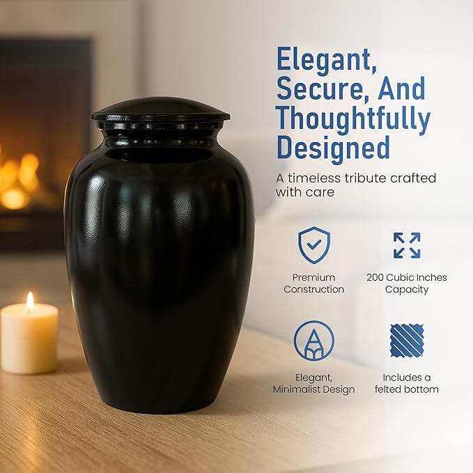 Modern Memorials Cremation Urn for Ashes - Large Urn for Man & Women - 200 Cubic Inches - Includes Velvet Storage Bag - Black