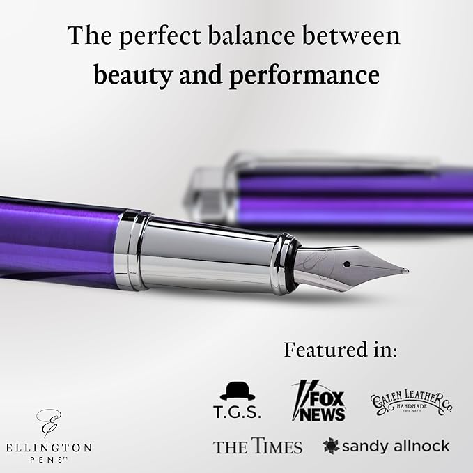 Ellington Pens Luxury Fountain Pen Set - Smooth Fine Nib - Includes 3 Ink Cartridges, Refillable Ink Converter, Gift Box - Fountain Pens For Writing, Calligraphy, Journaling, Sketching (Purple Haze)