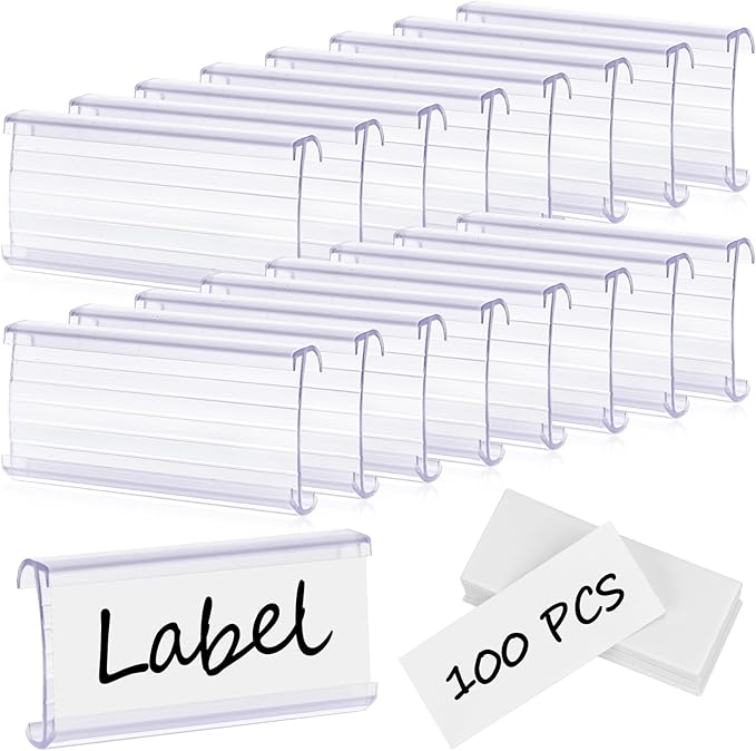 100 Pcs Wire Shelf Label Holder with Paper Inserts, Compatible with 1-1/4 Inch Shelves, Plastic Shelf Tags for Wire Shelving Label Clips with Label Paper Removable Wire Rack Label Holder Display Clip