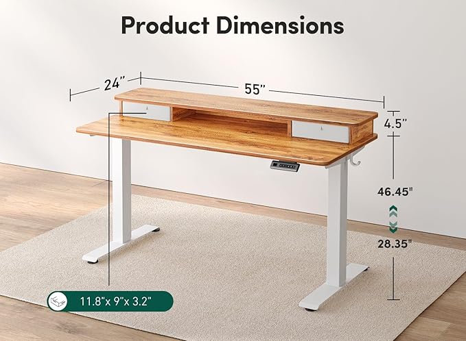 FEZIBO 55 x 24 Inch Height Adjustable Electric Standing Desk with Double Drawer, Computer Desk, Home Office Stand Up Table with 4 Height-Adjustable Feets & 2 Hooks, Light Rustic