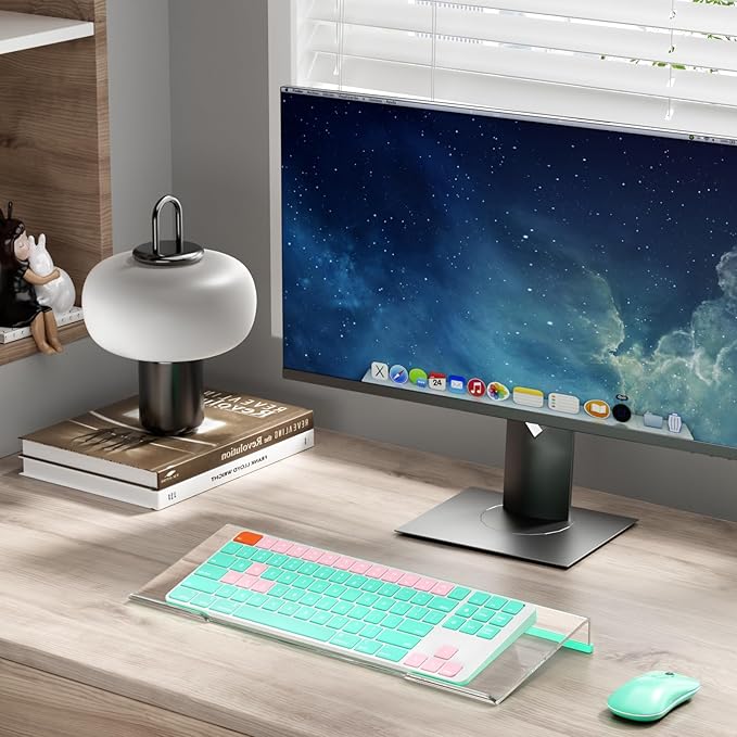 BEEGO Ergonomic Computer Keyboard Stand - Clear Acrylic Keyboard Riser Tilted Keyboard Holder Keyboard Tray with Teal Blue Non-Slip Strip for Easy Typing at Home School Office Desk Accessories