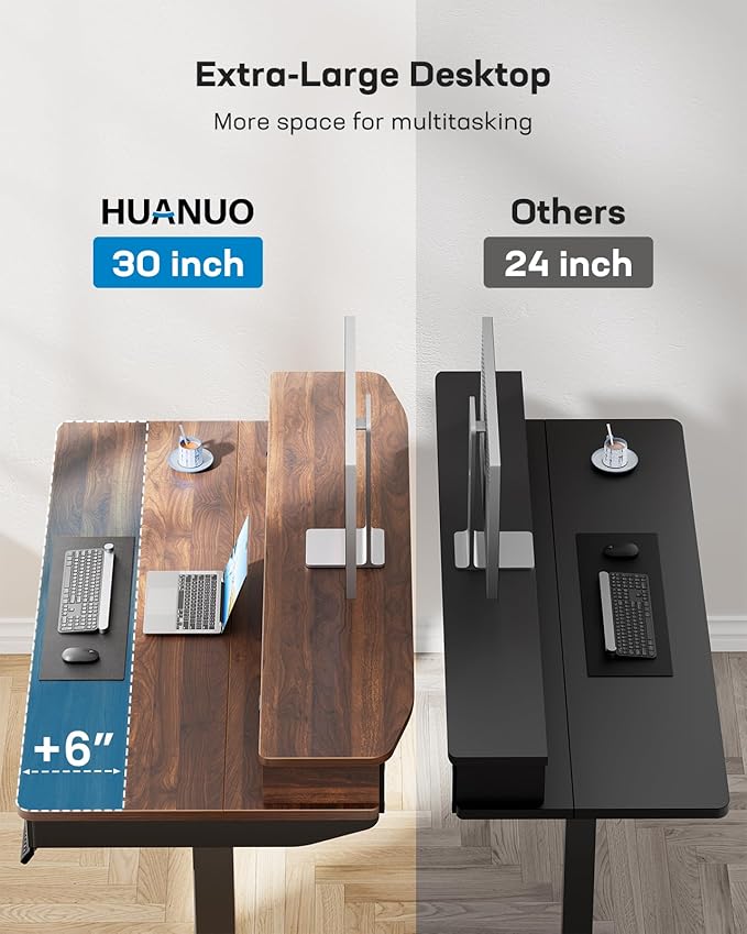 HUANUO 48 x 30 inch Electric Standing Desk with 4 Drawers, Adjustable Height Sit Stand Home Office Desk with Two Tiers, Ergonomic Adjustable Stand up Desk C-Clamp Monitor Mount Compatible, Walnut