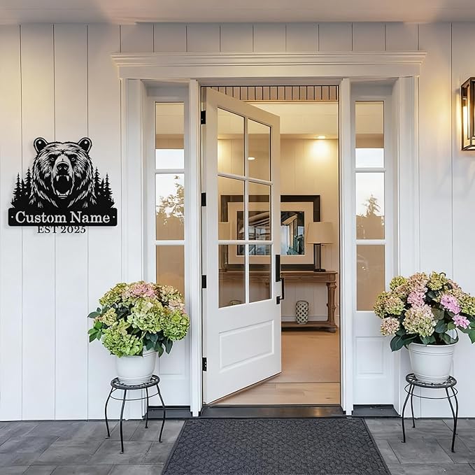 Custom Bear Metal Sign, Custom Bear Metal Wall Art Decor, Personalized Last Name Signs for Home, Rustic Farmhouse Black Wall Decor for Cabin, Bedroom, Living Room, Porch