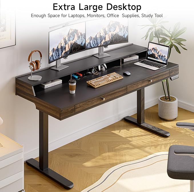 ONBRILL Modern Standing Desk with Storage, 63x23.6 Inch Electric Adjustable Height Desk with 2 Drawers, 3 Open Storage Zones, Black