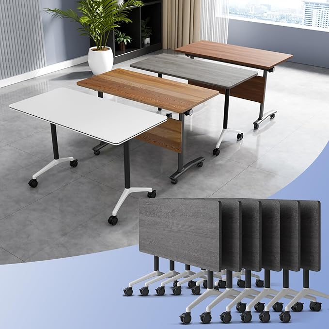 WYMHYZ Conference Table Flip Top Mobile Conference Room Tables,Folding Conference Table with Wheels,Large Meeting Training Seminar Table Saving Space for Office Classroom(6C,55.1'')