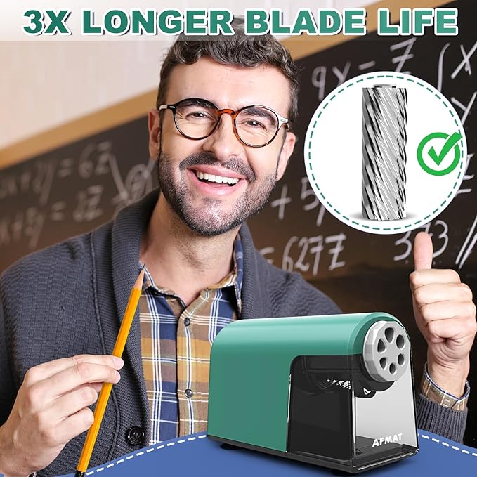 AFMAT PSX2 Heavy Duty Electric Pencil Sharpener 6 Holes, Classroom Pencil Sharpener for 6-11mm Pencils, Auto Stop, Super Fast, Save Pencils, School Teacher Must Have Pencil Sharpeners Plug in, Green