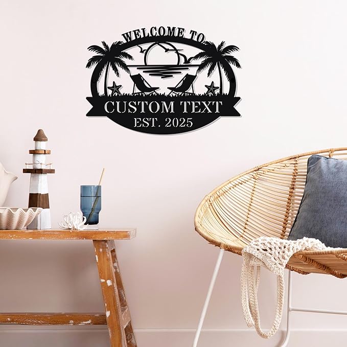 Personalized Metal Beach Sign | Custom Coastal Wall Decor for Outdoor Patio & Pool | Welcome Sign Beach House Ocean Room Decor