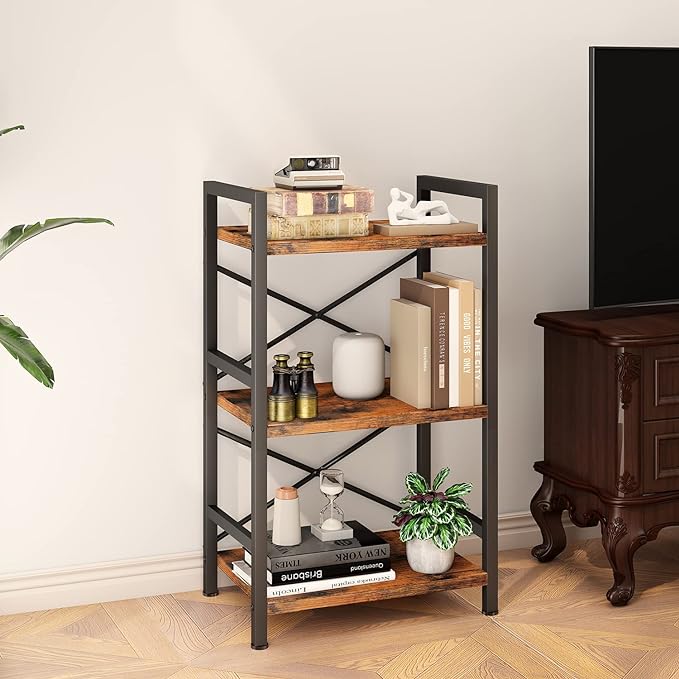Homeiju Bookshelf, 3 Tier Industrial Bookcase, Metal Small Bookcase, Rustic Etagere Book Shelf Storage Organizer for Living Room, Bedroom, and Home Office(Rustic Brown) Patent Pending D29873033