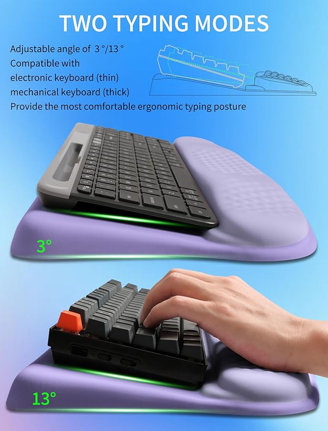 KUOSGM Ergonomic Wave Wrist Rest with Keyboard Stand, Cushioned Palm Rest, Comfortable Integrated Memory Foam for Natural Typing and Relieve Wrist Pain, Purple Romance