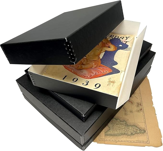 Lineco Museum Archival Storage Box, 8.75x10.75x1.5 in. Drop Front Design. Acid-Free with Metal Edge. Organize Photos, Pictures, Prints, Documents, Crafts, DIY. Black, 2 Pack