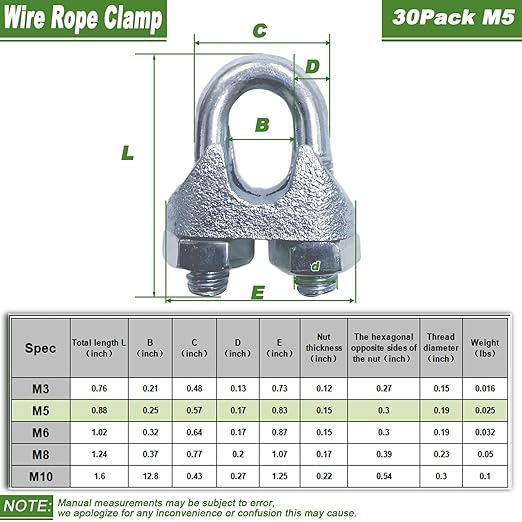 30PCS M5 Heavy Duty Wire Rope Clamps, 3/16-Inch Zinc Plated Wire Cable Clamps for Secure Connections – Boat, Tent, Clothesline, Rigging & More
