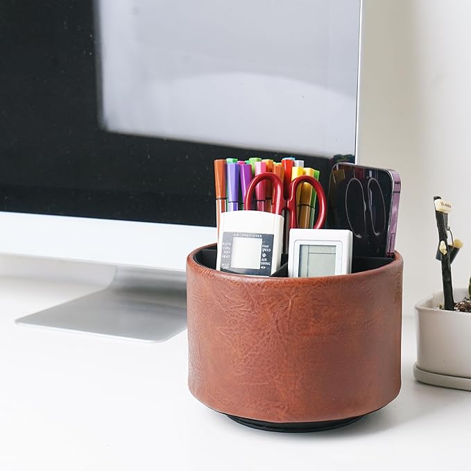 Hennaja Round Leather Art Supply Organizer,Remote Control Holder,360 Degree Spinning,Multi-Functional Pencil Holder,4 Compartments Desktop Stationary Organizer(1-Crazy Red)